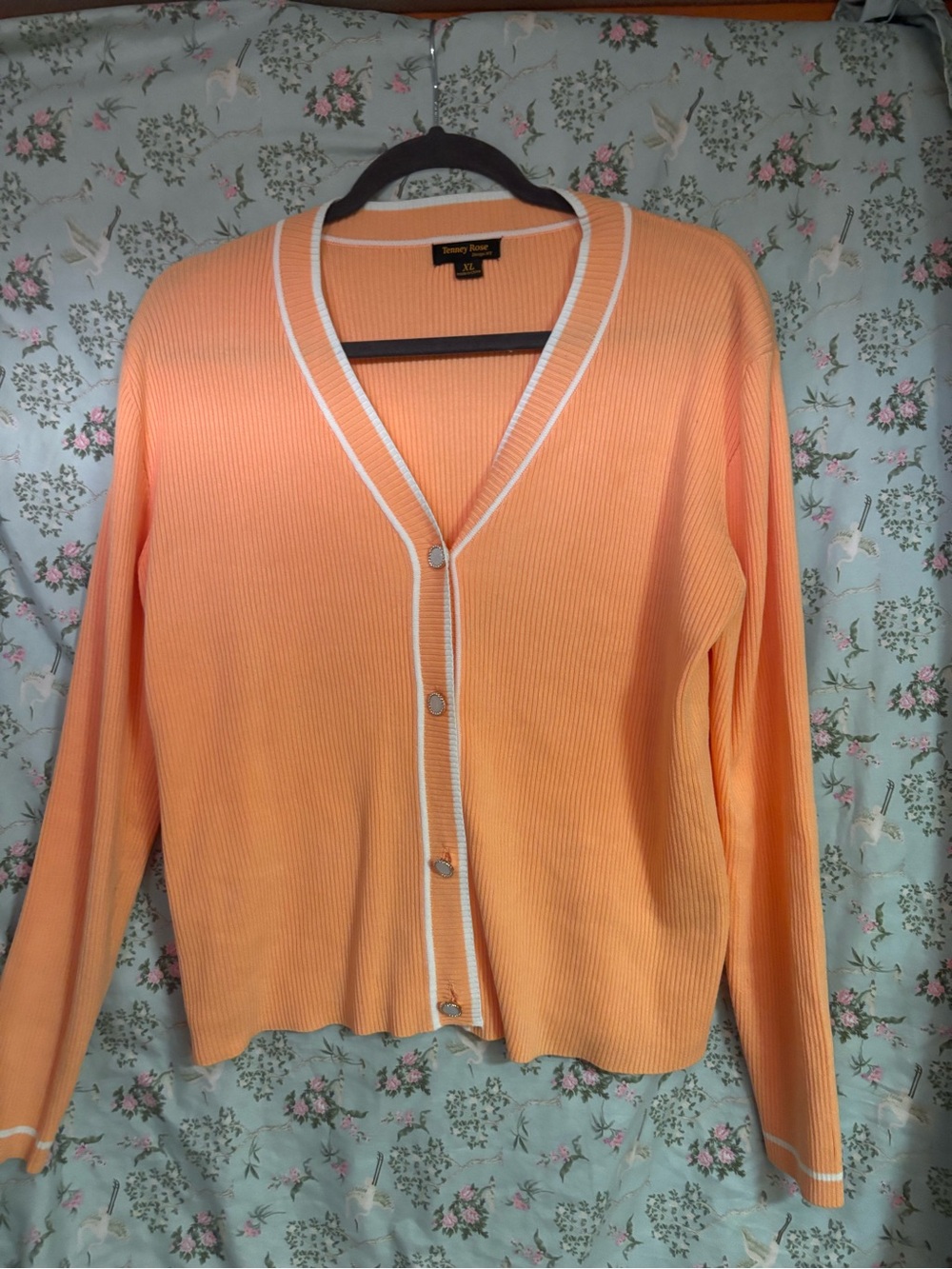 Tommy Rose Peach V-Neck Ribbed Cardigan with White Trim